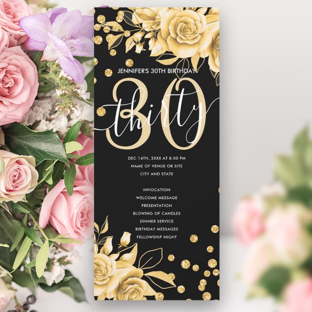 Gold Floral Glitter 30th Birthday Programs Black  (Gold Floral Glitter 30th Birthday Programs Black )