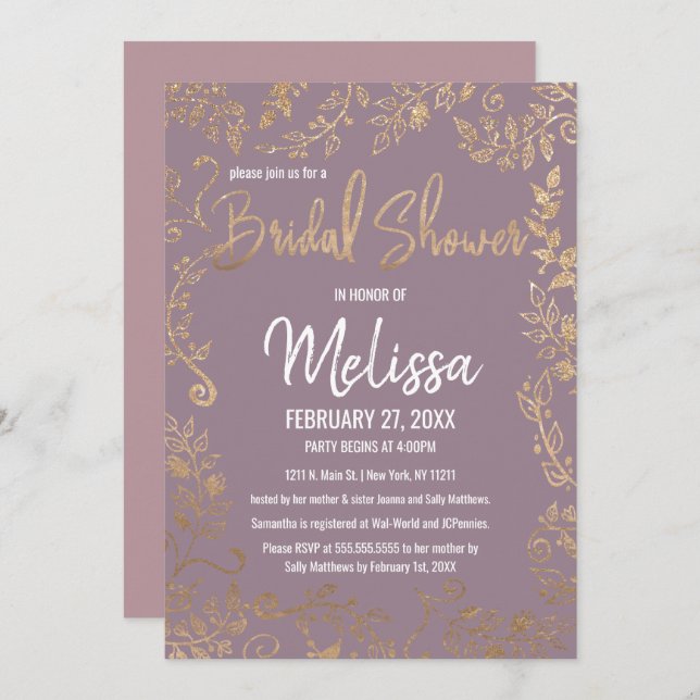 Gold Floral Glitter Mauve Lilac Bridal Shower Invitation (Front/Back)