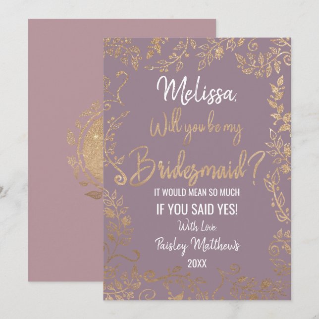 Gold Floral Glitter Ombre Mauve Lilac Bridesmaid Invitation (Front/Back)