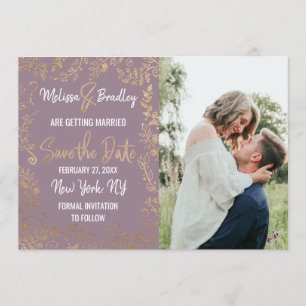 Gold Floral Glitter Ombre Mauve Lilac Save Date Invitation