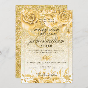 Gold Floral Glitter Sparkle Elegant Glam Wedding Invitation