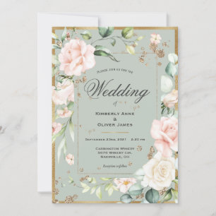 Gold Floral Green Watercolor Wedding  Invitation