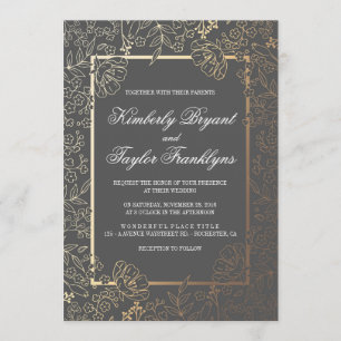 Gold Floral Grey Vintage Wedding Invitation