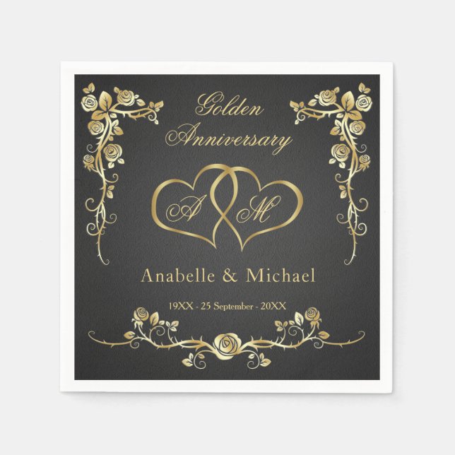 Gold Floral Hearts 50th Wedding Anniversary Napkin (Front)