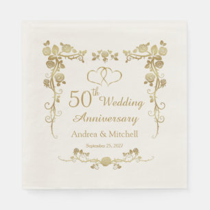 Gold Floral Hearts 50th Wedding Anniversary  Napkin