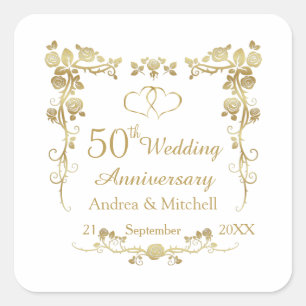 Gold Floral Hearts 50th Wedding Anniversary  Squar Square Sticker