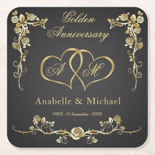 Gold Floral Hearts 50th Wedding Anniversary Square Paper Coaster