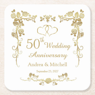 Gold Floral Hearts 50th Wedding Anniversary  Square Paper Coaster
