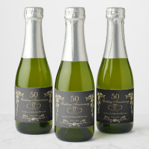 Gold Floral Hearts 50th Wedding Anniversary   Wine Sparkling Wine Label