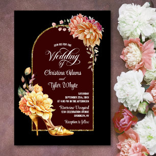 Gold Floral High Heel Black Arch Wedding  Invitation