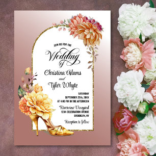 Gold Floral High Heel Blush Pink Arch Wedding  Invitation