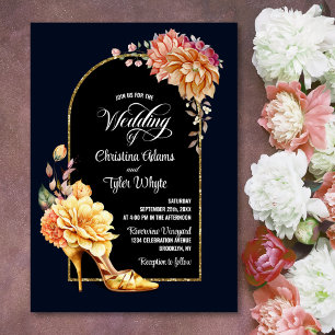 Gold Floral High Heel Navy Blue Arch Wedding Invitation