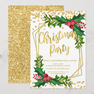 Gold Floral Holly Glitter Christmas Corporate Invitation