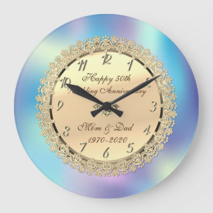 Gold Floral,Holographic 50th Wedding Anniversary Large Clock