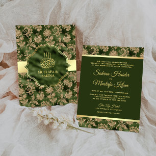 Gold Floral Hunter Green Islamic Muslim Wedding Invitation