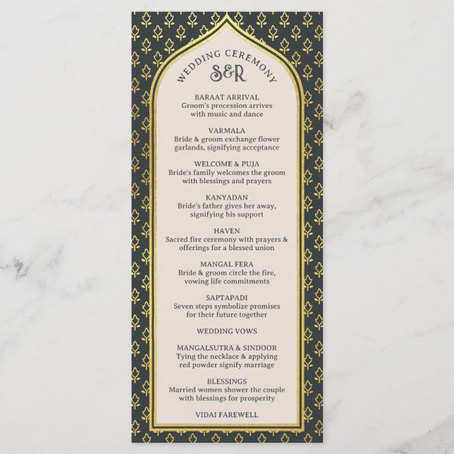 Gold Floral Indian & Hindu Wedding Program Card (Front)