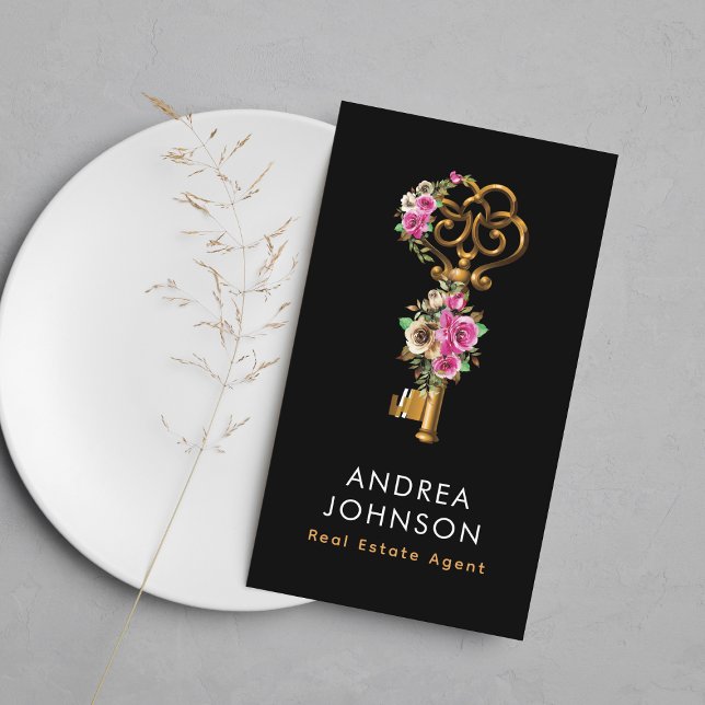 Gold Floral Key Logo Real Estate Add QR Code Photo Business Card (Creator Uploaded)