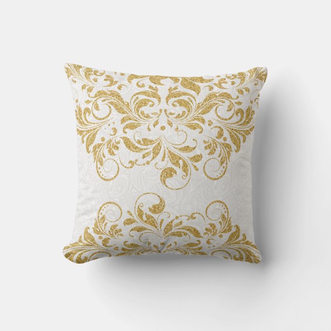Gold Floral Lace Glitter Texture Print Cushion (Front)