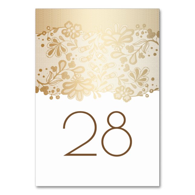 Gold Floral Lace White Wedding Table Number (Front)