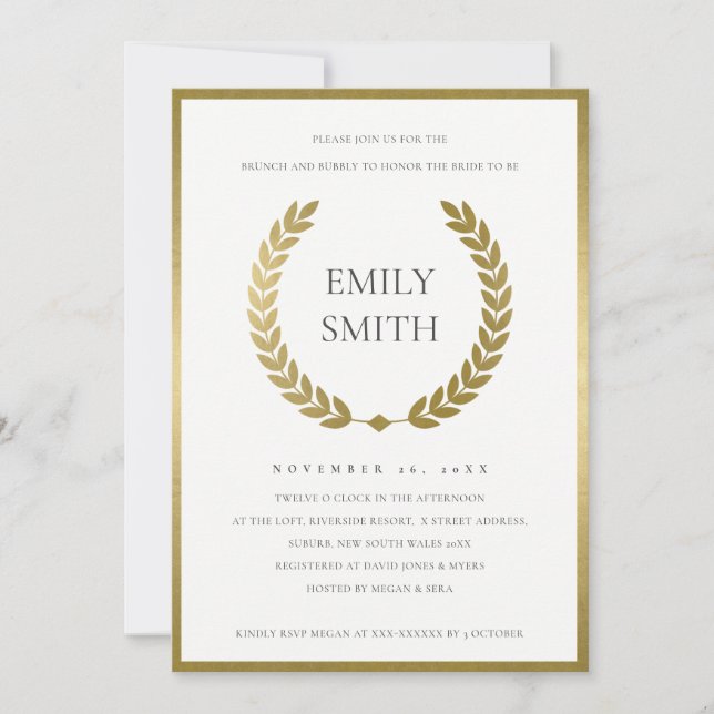 GOLD FLORAL LAUREL WREATH BRUNCH & BUBBLY INVITE (Front)