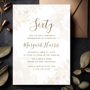 Gold Floral Leaves Border 60th Sixty Birthday Invitation