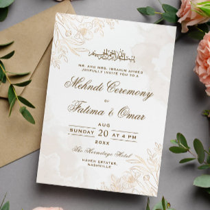 Gold Floral Leaves Muslim Islamic Mehndi Ceremony Invitation