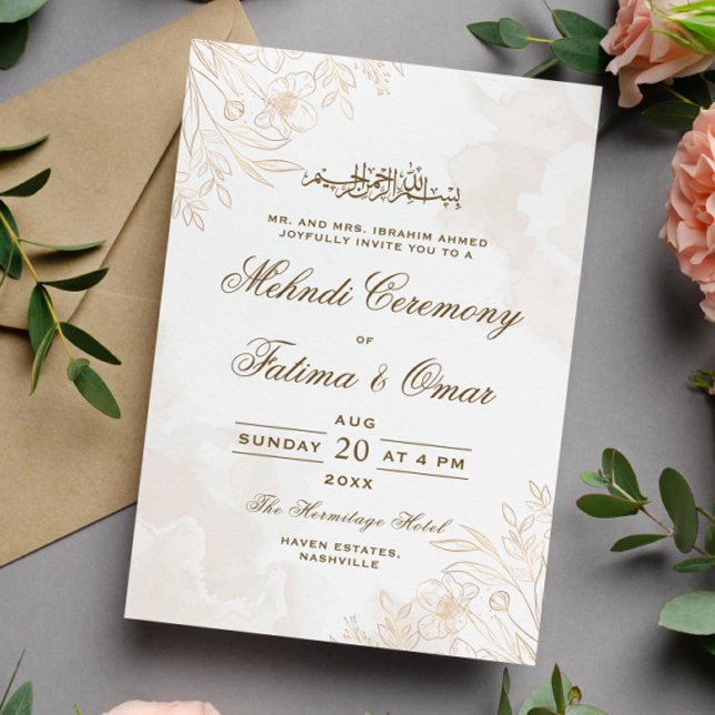 Gold Floral Leaves Muslim Islamic Mehndi Ceremony Invitation (Creator Uploaded)