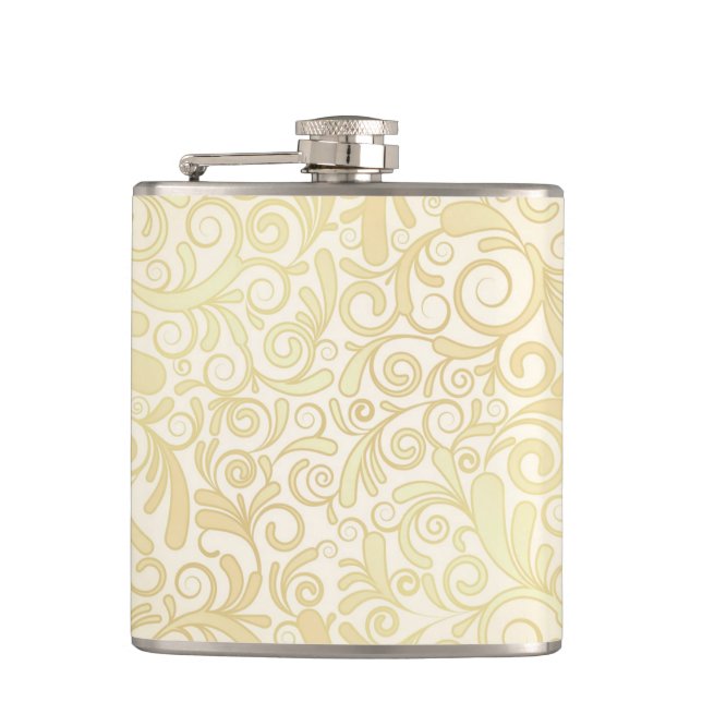 Gold floral leaves pattern hip flask (Front)