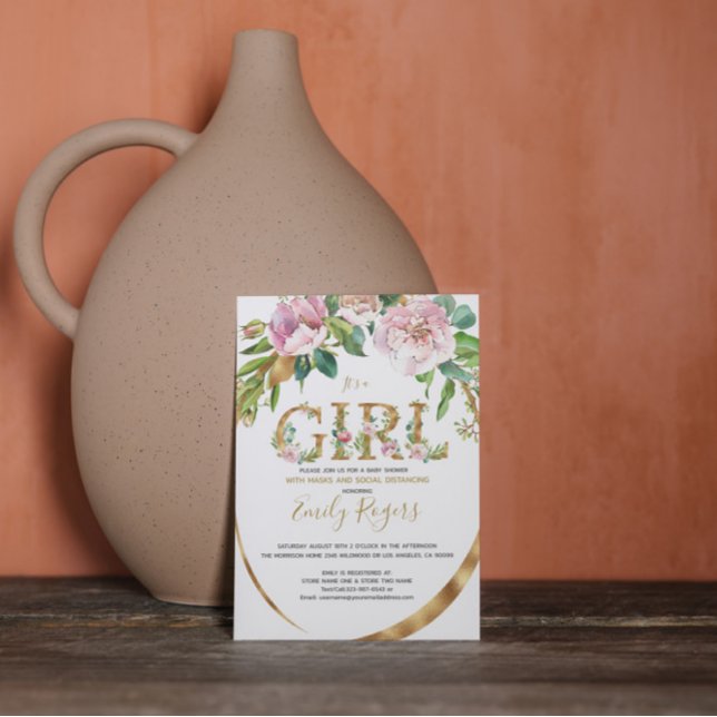 Gold floral lettering Girl baby Shower Save The Date (Creator Uploaded)