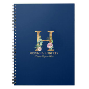 Gold  & floral lettering Monogram on blue 3 Ring B Notebook
