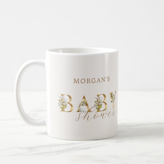 gold floral letters baby shower coffee mug (Left)