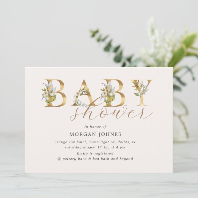 gold floral letters baby shower invitation (Standing Front)