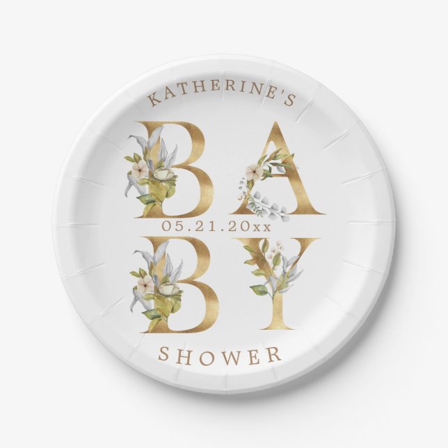 gold floral letters baby shower monogram paper pla paper plate (Front)