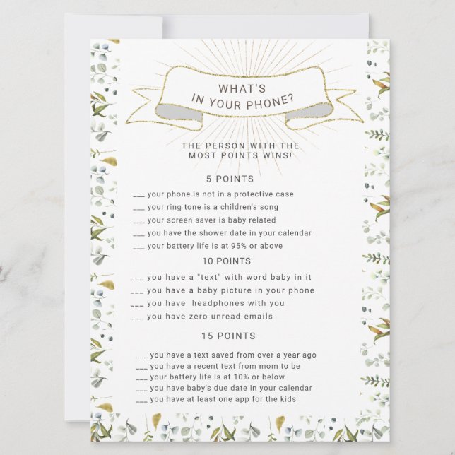 gold floral letters baby shower phone game card (Front)