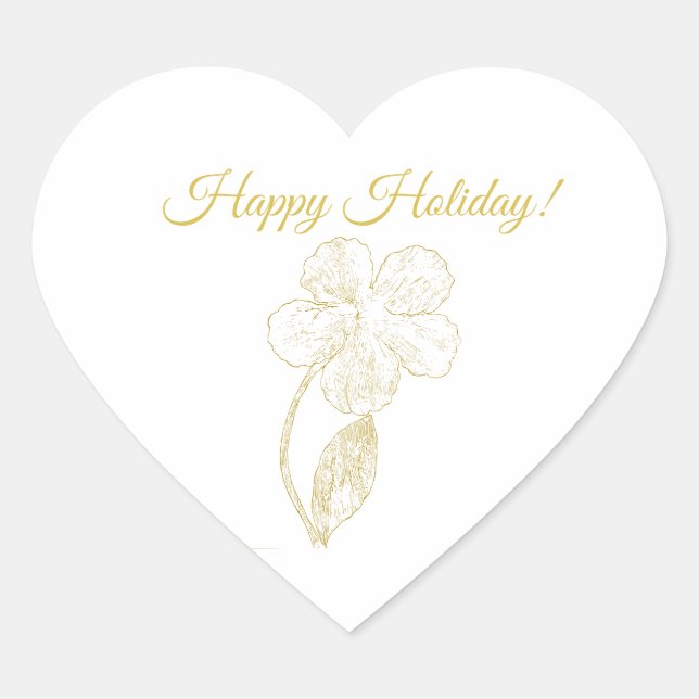 Gold Floral Line Art Happy Holiday Heart Sticker (Front)