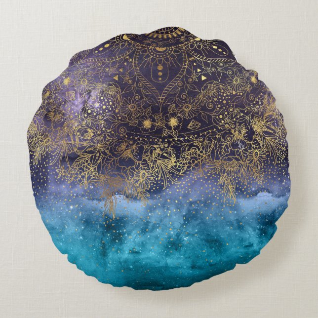 Gold floral mandala and confetti image round cushion (Back)