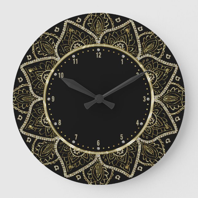 Gold Floral Mandala On Black Large Clock (Front)