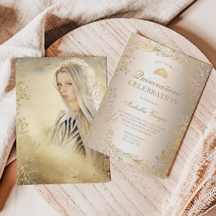 Gold floral metallic photo Tiara chic Quinceañera Invitation