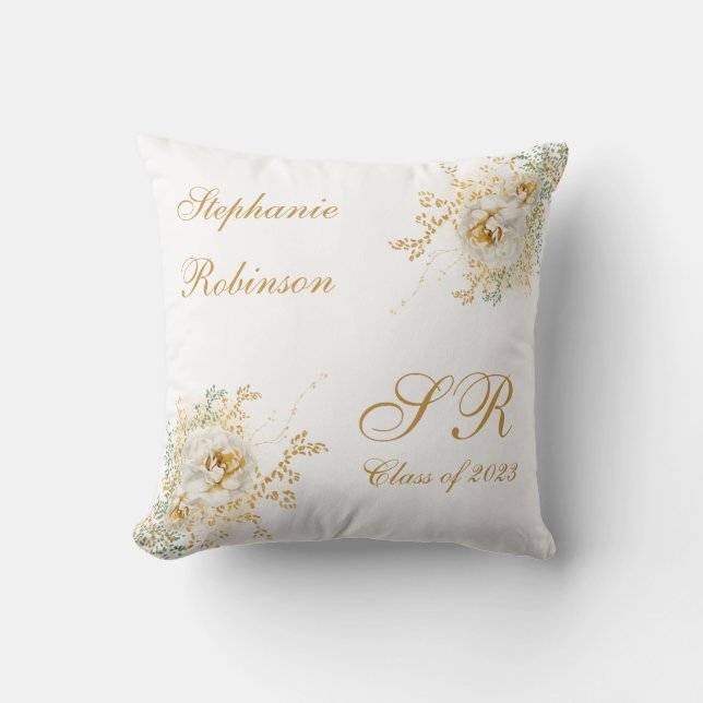 Gold Floral Monogram Graduation Gift  Cushion (Front)