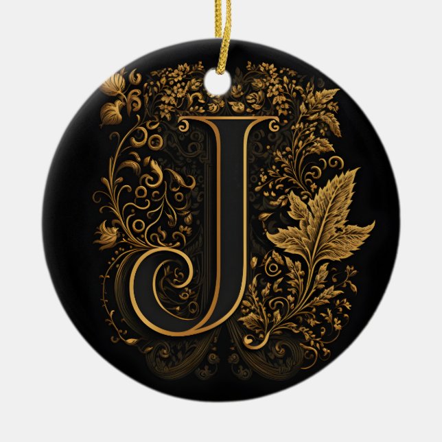 Gold Floral Monogram J Ceramic Ornament (Front)