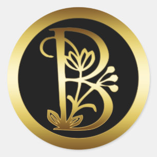 GOLD FLORAL MONOGRAM LETTER B CLASSIC ROUND STICKER