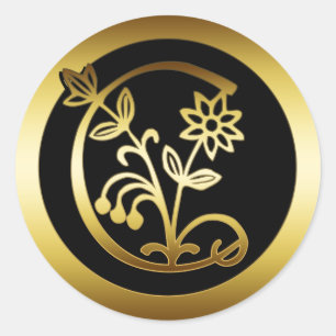 GOLD FLORAL MONOGRAM LETTER C CLASSIC ROUND STICKER