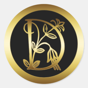GOLD FLORAL MONOGRAM LETTER D CLASSIC ROUND STICKER