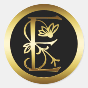 GOLD FLORAL MONOGRAM LETTER E CLASSIC ROUND STICKER