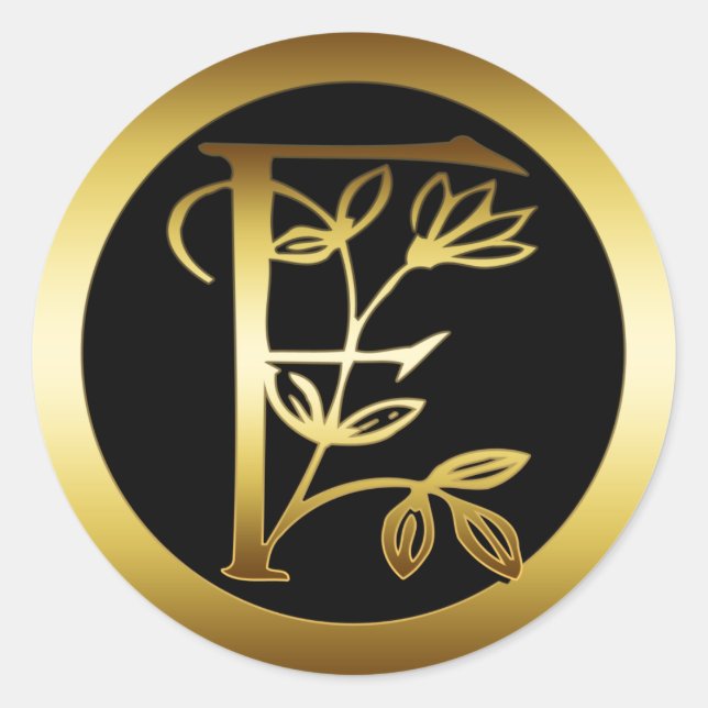 GOLD FLORAL MONOGRAM LETTER F CLASSIC ROUND STICKER (Front)