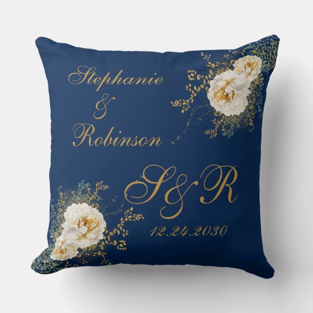 Gold Floral Monogram Logo On Navy Blue Wedding Thr Cushion (Front)