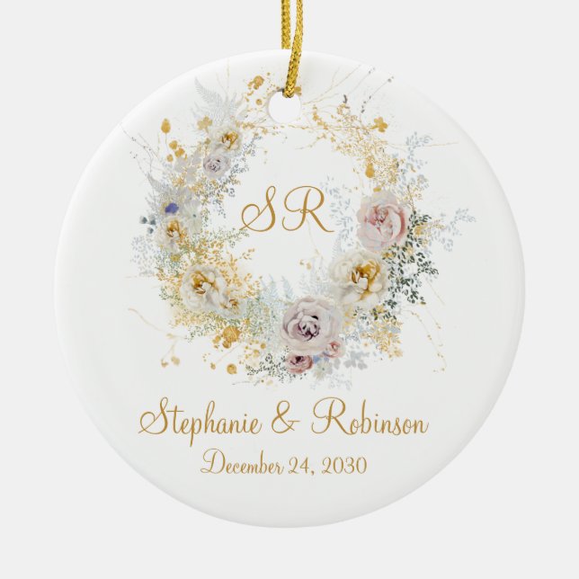 Gold Floral Monogram Logo Wedding Gift   Ceramic Ornament (Front)