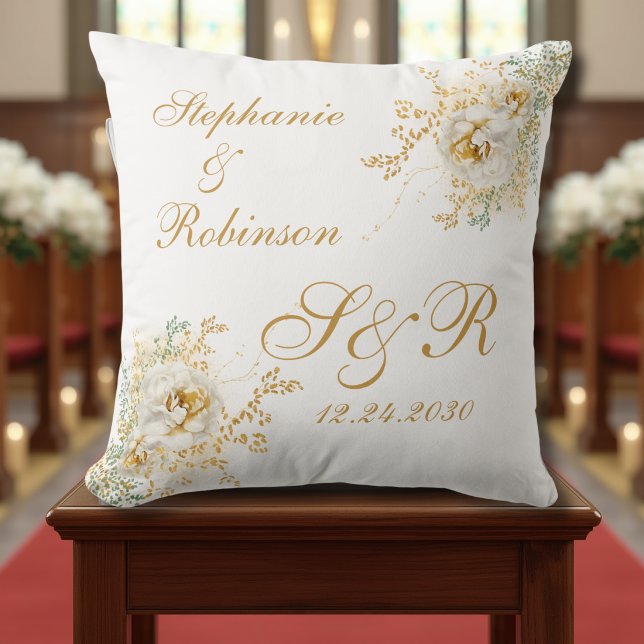 Gold Floral Monogram Logo Wedding Gift Cushion (Creator Uploaded)