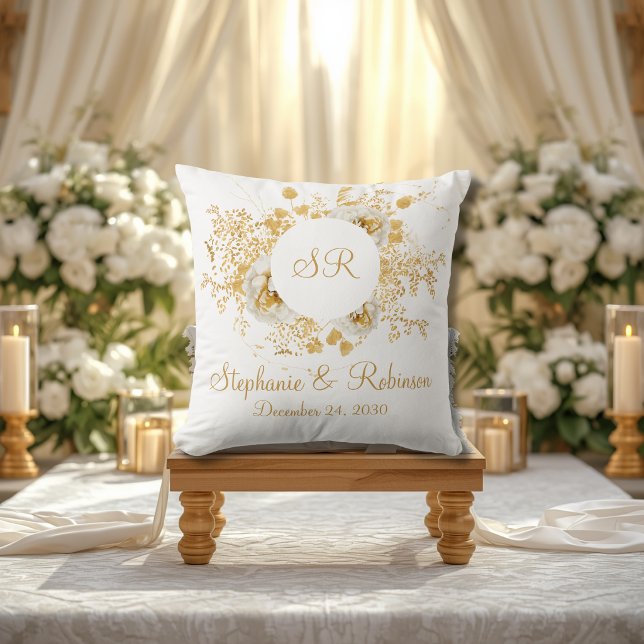 Gold Floral Monogram Logo Wedding Gift Cushion (Creator Uploaded)