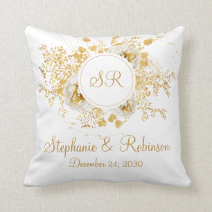 Gold Floral Monogram Logo Wedding Gift Cushion